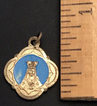 Vintage Catholic St Anne Blue Enamel & Gold Tone Medal Pendant Italy 2