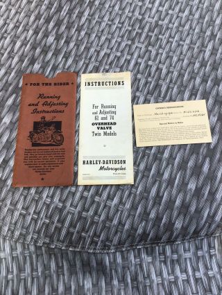1941 Harley Davidson Instructions Running And Adjusting,  Owners Memorandum Card