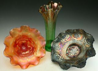 Antique Carnival Glass Vase Bowls Cobalt Dragon Rose Blue Fluted Vase