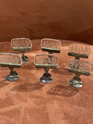 Antique Set Of 6 Silver And Etched Glass Place Card Holders -