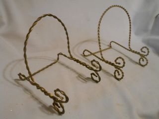 2 Vintage Twisted Wire Gold Tone Book / Plate Display Easels With Scroll Work
