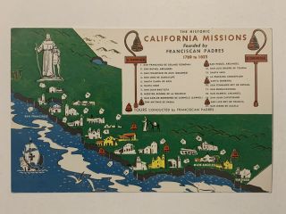 Vintage 50s Historic California Missions Postcard Map Franciscan Padres Unposted