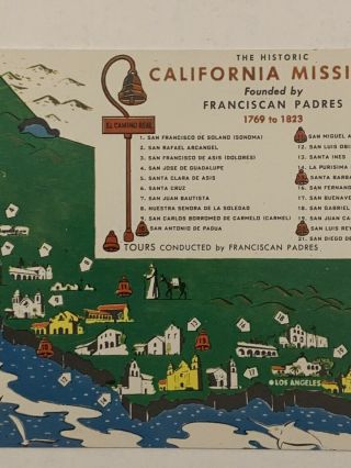 Vintage 50s Historic California Missions Postcard Map Franciscan Padres Unposted 3
