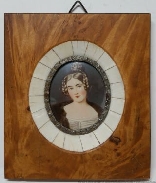 Vintage Antique Painted Miniature Portrait French Young Lady Romantic