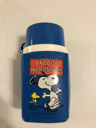 Vintage Peanuts Gang Snoopy & Woodstock Blue Lunch Box Thermos King - Seeley
