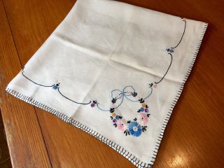 Vintage Handmade Embroidered Candlewicking Tablecloth Blanket Stitch Hem.