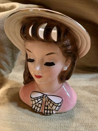 Vintage Napco C45538,  1960 Lady Head Vase 6” Pink Blouse W/bow & Hat Pearl