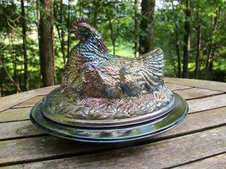 Sowerby Hen On Nest Antique Carnival Art Glass Bowl Chicken Peeps Chicks Blue