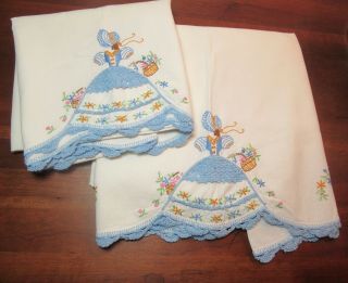 2 Vintage Cotton Pillowcases,  " Southern Belle " Embroidery & Crochet,