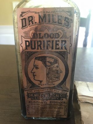 Antique Quack Medicine Bottle Label Dr Miles Blood Purifier Elkhart Indiana