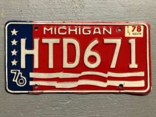 Vintage 1976 Michigan License Plate Bi - Centennial Htd - 671 1978 Sticker