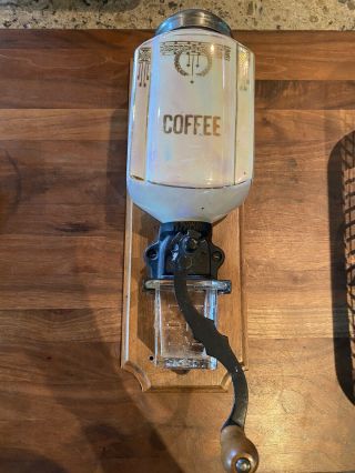 Vintage Antique Wall Mount Cast Iron And Porcelain Coffee Grinder