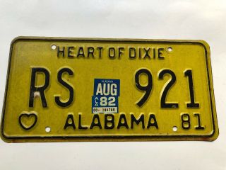 Alabama Vintage License Plate 1981 Heart Of Dixie Rs 921