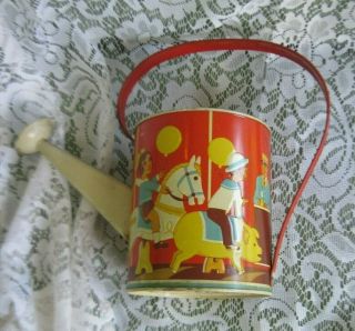 Vtg Embossed Tin Toy Watering Sprinkling Can Kids On Merry Go - Round Wolverine