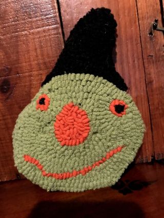 Vintage Primitive Folky Hooked Wool Halloween Small Witch Face Pillow Ornie