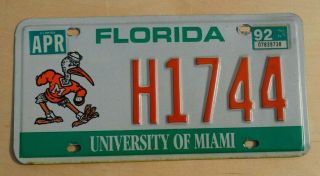 1992 University Of Miami Hurricanes Graphic Florida License Plate; H1744