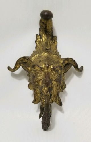 Antique Brass Devil Horned Satan Head Ornate Wall Hanger