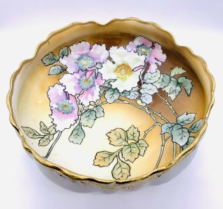 Antique Nippon Morimura Hand Painted Gold Beaded Moriage Pink Roses Bowl 8.  25”w