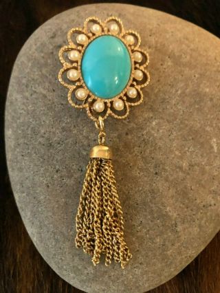 Vintage Signed Sarah Coventry Faux Turquoise & Pearl Gold Tone Tassel Brooch
