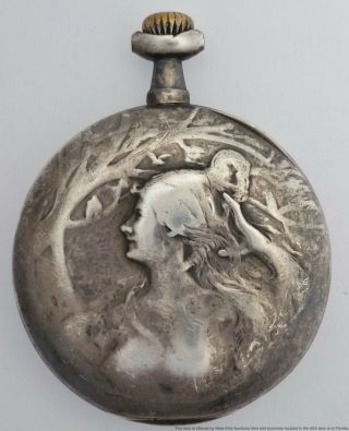 Antique Art Nouveau Sterling Silver Nude Lady Relief Pocket Watch To Fix