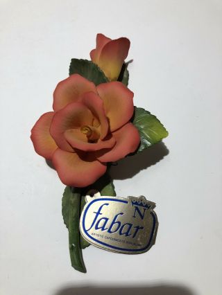 Vintage Fabar Capodimonte Porcelain Rose Flowers With Tag Made In Italy