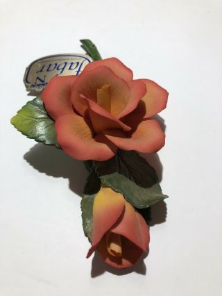 Vintage Fabar Capodimonte Porcelain Rose Flowers With Tag Made In Italy 3
