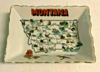 Vintage Ceramic Montana State Travel Trinket Tray Dish Flower Bird Counties