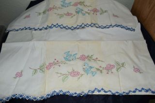 Standard Vintage Pillowcase Set Bluebird Embroidery Crochet Edge Retro Chic