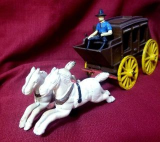 Hand Painted Vintage Cast Iron 2 Horses & Stage Coach Cowboy Driver Antique