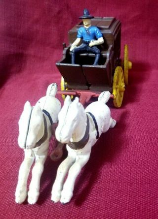 Hand Painted Vintage Cast Iron 2 Horses & Stage Coach Cowboy Driver Antique 2