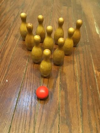 Vintage Miniature Wooden Bowling Game Set 4 " Wood Pins 1 Ball Toy Table Top Play
