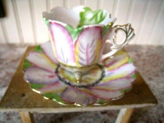 Vintage Saji Fancy Demitasse Tea Cup & Saucer Occupied Japan Handpainted Floral