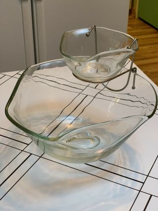 Vintage Anchor Hocking 3 Piece Glass Bowl Chip & Dip Set Retro Clear Glass