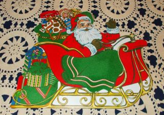 Vtg Made In Usa Christmas Santa Sleigh Die Cut Cardboard Decoration Peck Nos