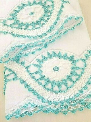 (2) Vintage White And Aqua Blue Pinwheel Crocheted Lace Pillowcases 22 X 38