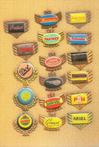 17 Different Old Tin Badges Of Motorcycles,  (most British) Including Indian