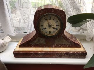 Antique Art Deco Red Marble French Mantle Clock Please Look