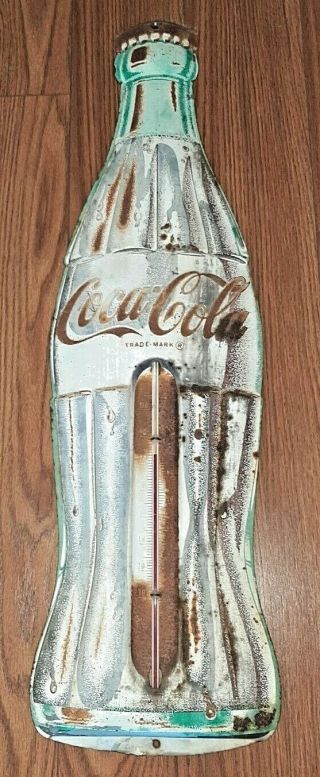 Antique Vintage Coca Cola Old Die - Cut Tin Bottle 29 In.  Thermometer Sign