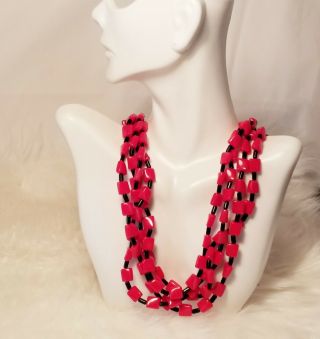 Vintage Multi Strand Red Black Acrylic Bead Necklace 4 Strand (cc - 39)