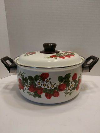 Vintage Strawberry Enamel Pot W/ Lid White Red Retro Metal Cottage Enamelware 4q
