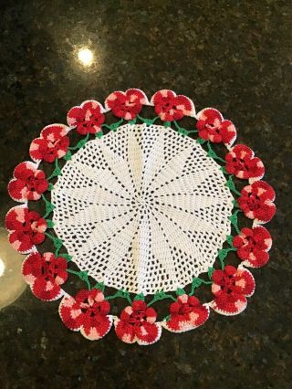 Vintage Hand Crocheted Doily 11 " Round Red And Pink Pansies Off White Center