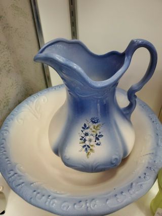 Vintage Large Ironstone Pottery Pitcher & Wash Basin Set Blue & White 16 " Bowl