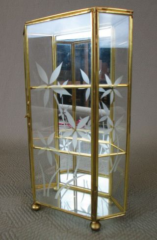 Vintage Flower Motif Brass Glass Curio Display Case Cabinet 3 Tier 9.  5 " Tall