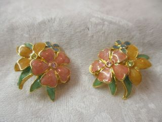 Vintage Gold Tone Joan Rivers Clip On Earrings Pink Flowers Green Leaves