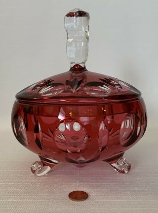 Vintage Cranberry Red Cut To Clear Crystal Glass Footed Candy Dish W/ Lid 7.  5 " T