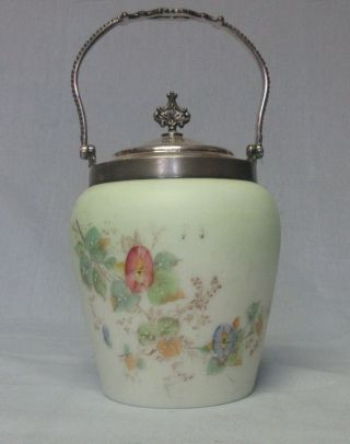 Antique Victorian Cracker / Biscuit Jar With Hand Painted Morning Glories