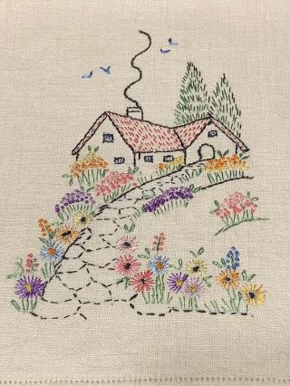 Tea Towel Hand With Embroidered Country Cottage And Flowers Vintage