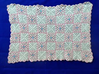 Vintage Hand Crocheted Baby Blanket,  Pink & White,  Blue Flowers,  33 " X 20.  5 "
