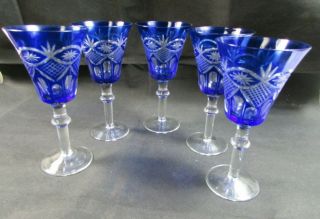 5 Cobalt Blue Bohemian Cut To Clear Crystal Wine Glasses Goblets Antique 7 - 1/2 "