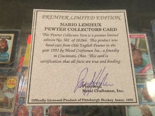 1993 MARIO LEMIEUX PITTSBURGH PENGUINS OLD ENGLISH PEWTER HOCKEY CARD MIB 10,  066 3
